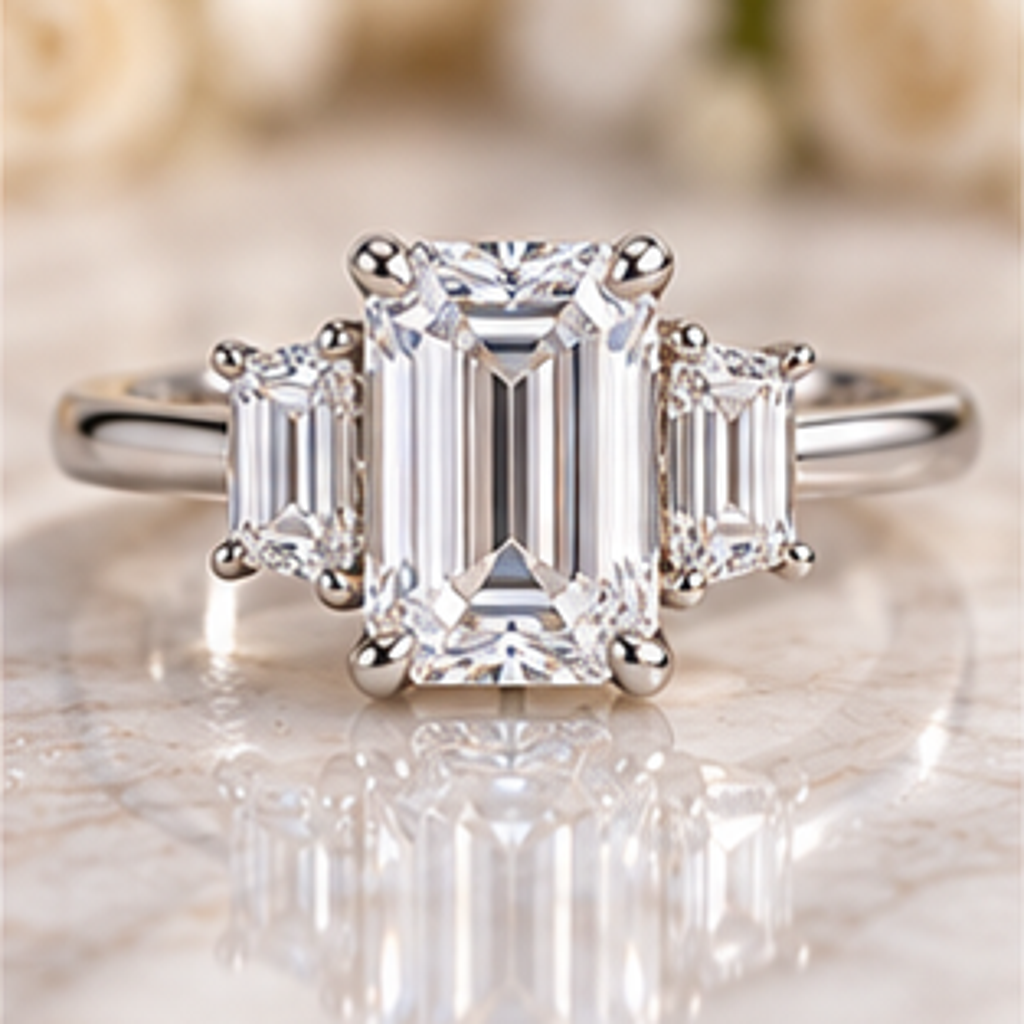 The Wexford emerald cut three-stone ring hero image